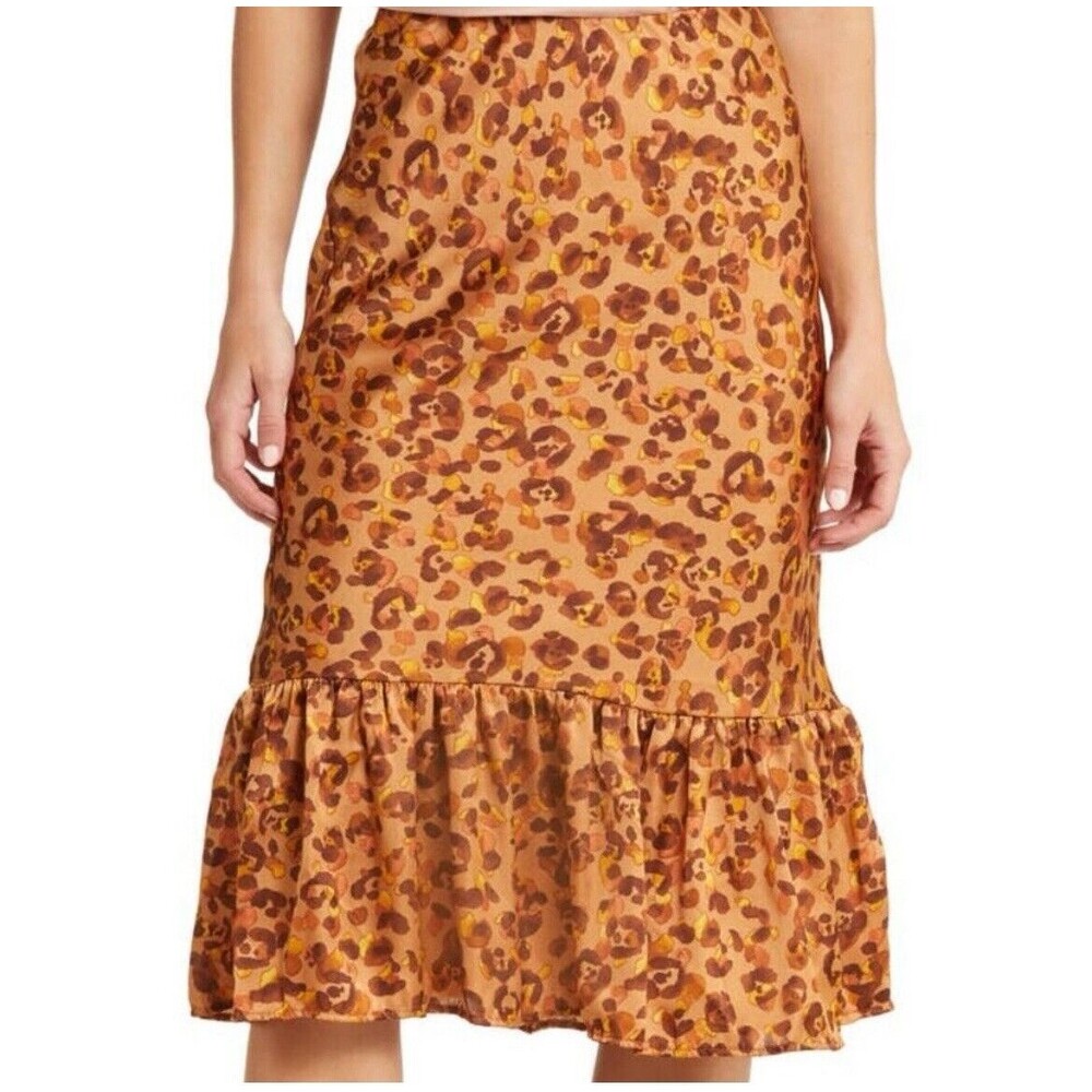 Forgotten Grace Medium Flounce Hem Satin Midi Skirt Cheetah Leopard Animal Print